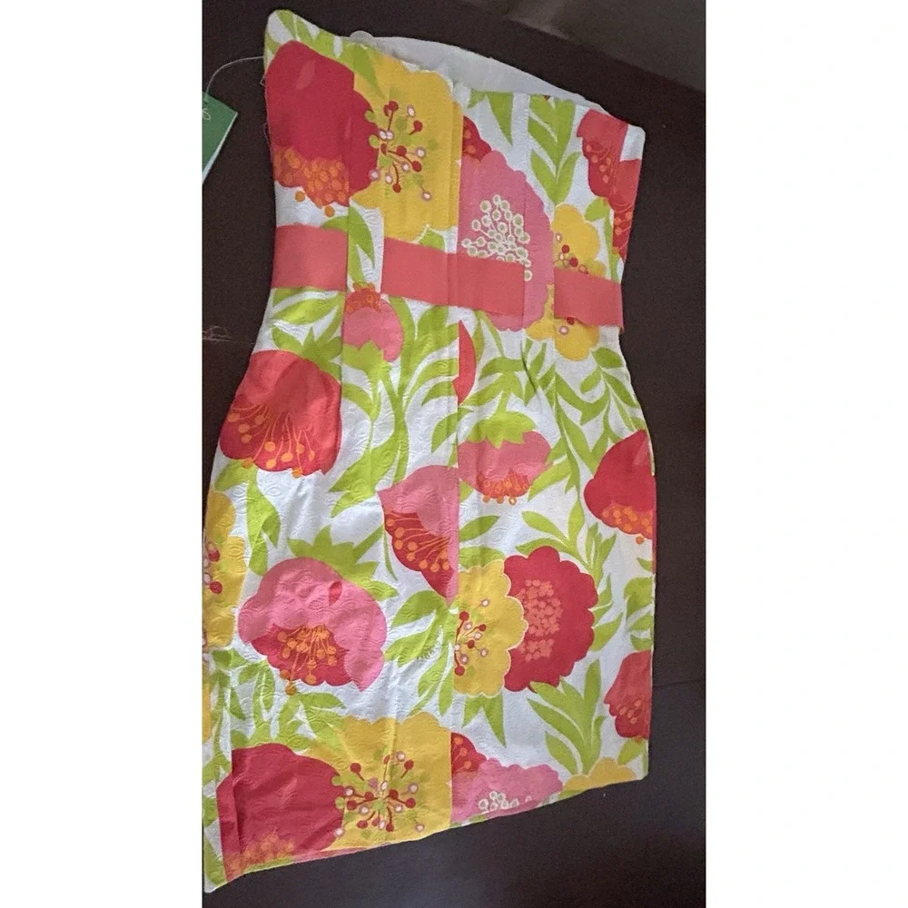 Lilly Pulitzer Dress 6 Vanessa Floral Print Cotton Strapless Pink Green Yellow - Picture 8 of 13